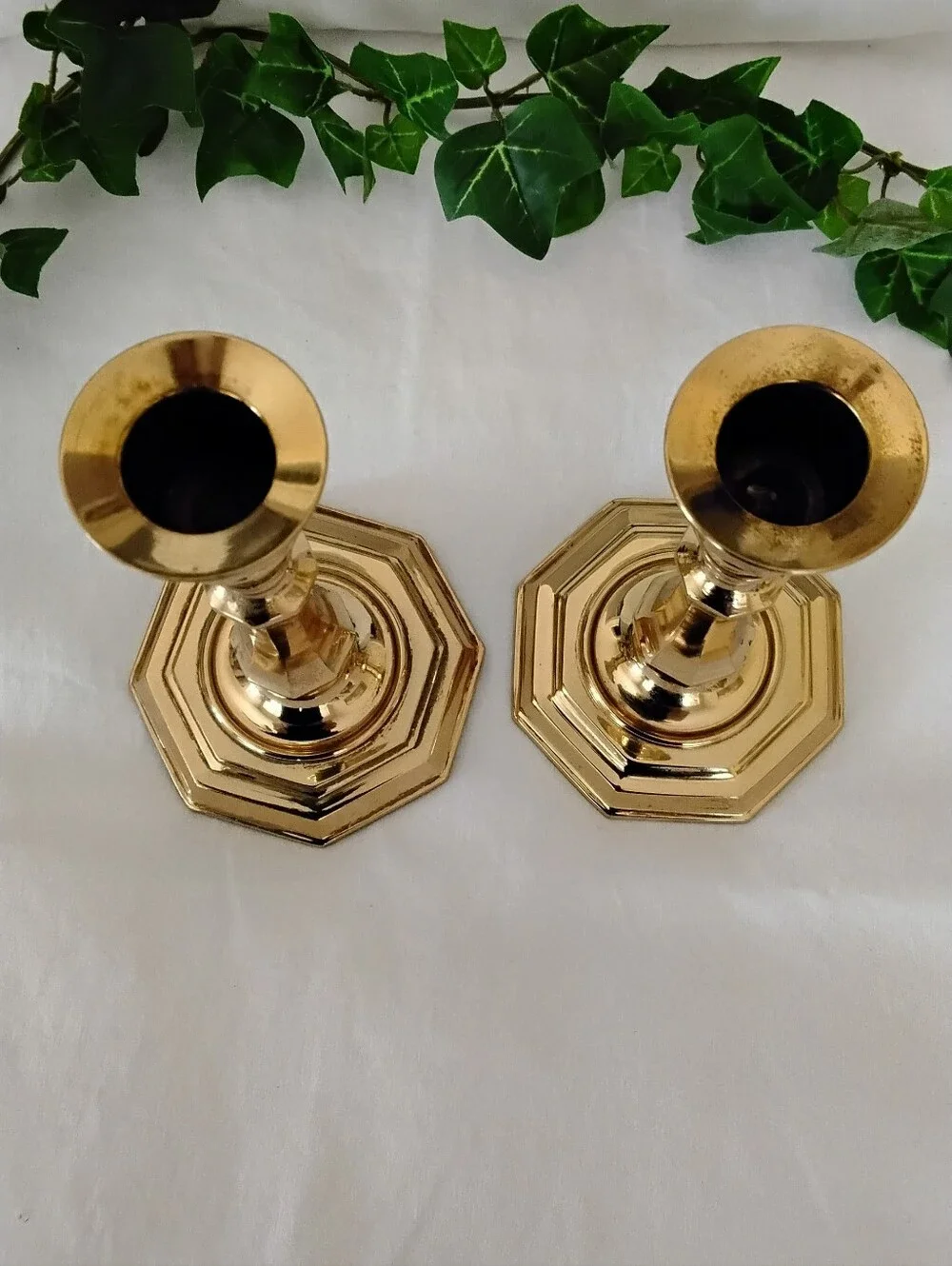 Vtg Polished Heavy Brass Candlestick Holders - Set of 2